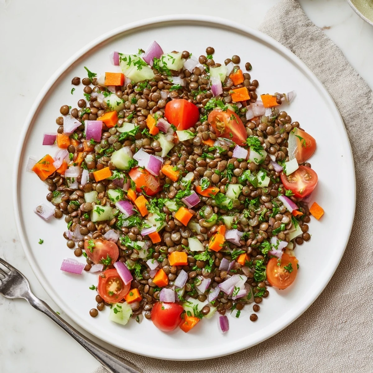 Colorful bowl of French lentil salad with zesty Dijon vinaigrette, fresh herbs, and crisp vegetables