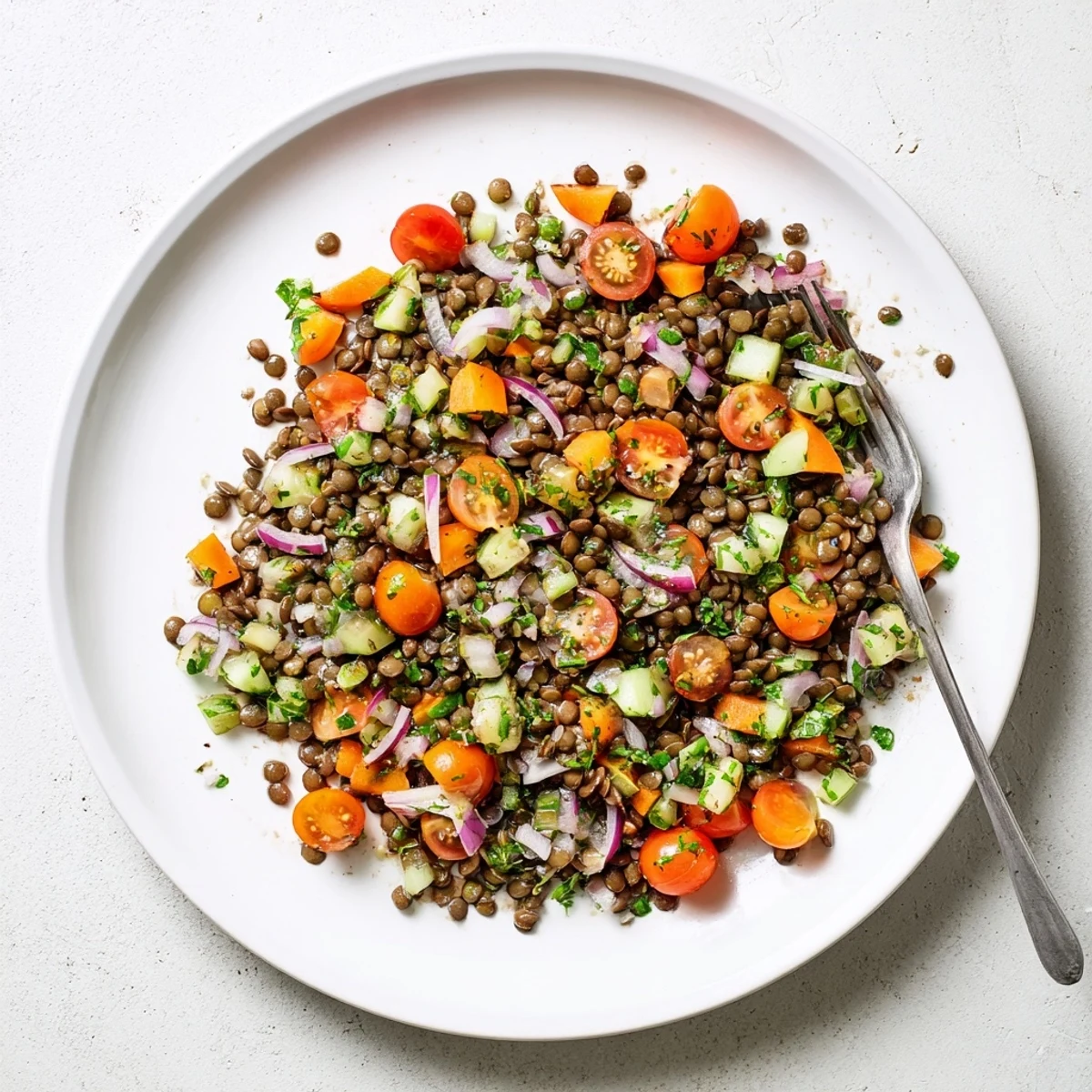 Elegant plated French lentil salad featuring tender green lentils tossed in tangy Dijon vinaigrette with diced vegetables