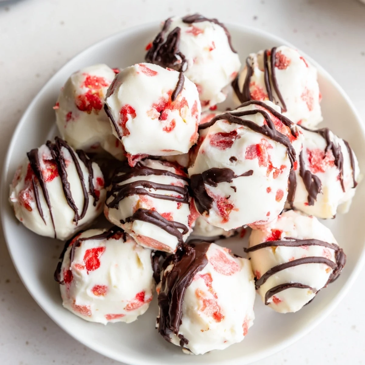 Fresh strawberry yogurt bites on parchment paper with red fruit pieces visible throughout