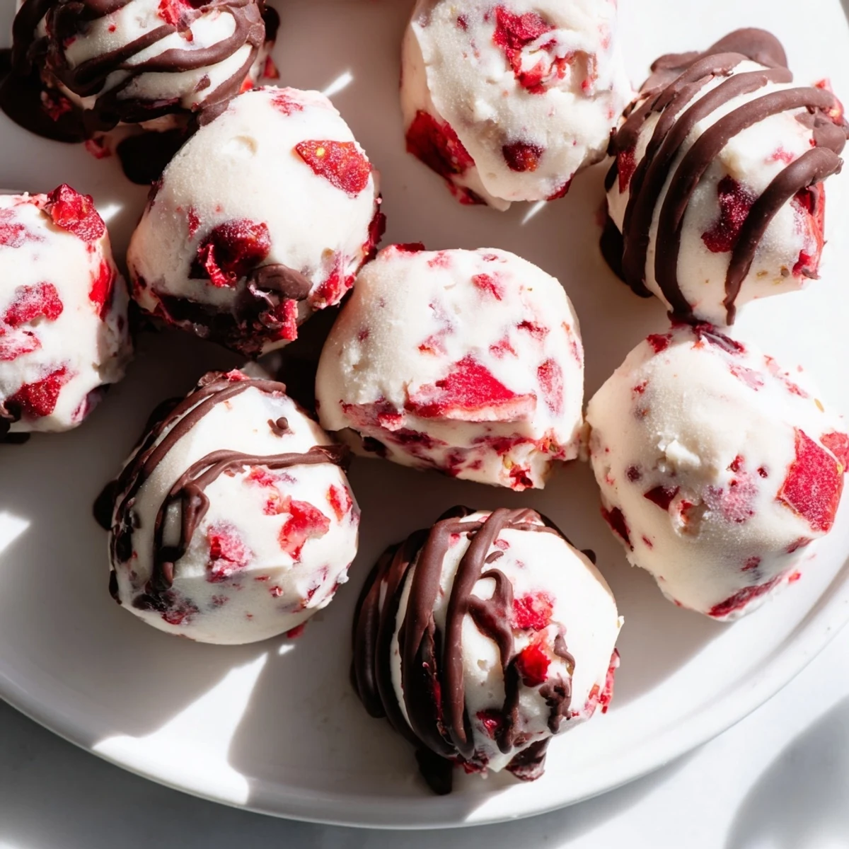 Frozen high protein yogurt bites arranged on baking sheet with diced strawberry pieces