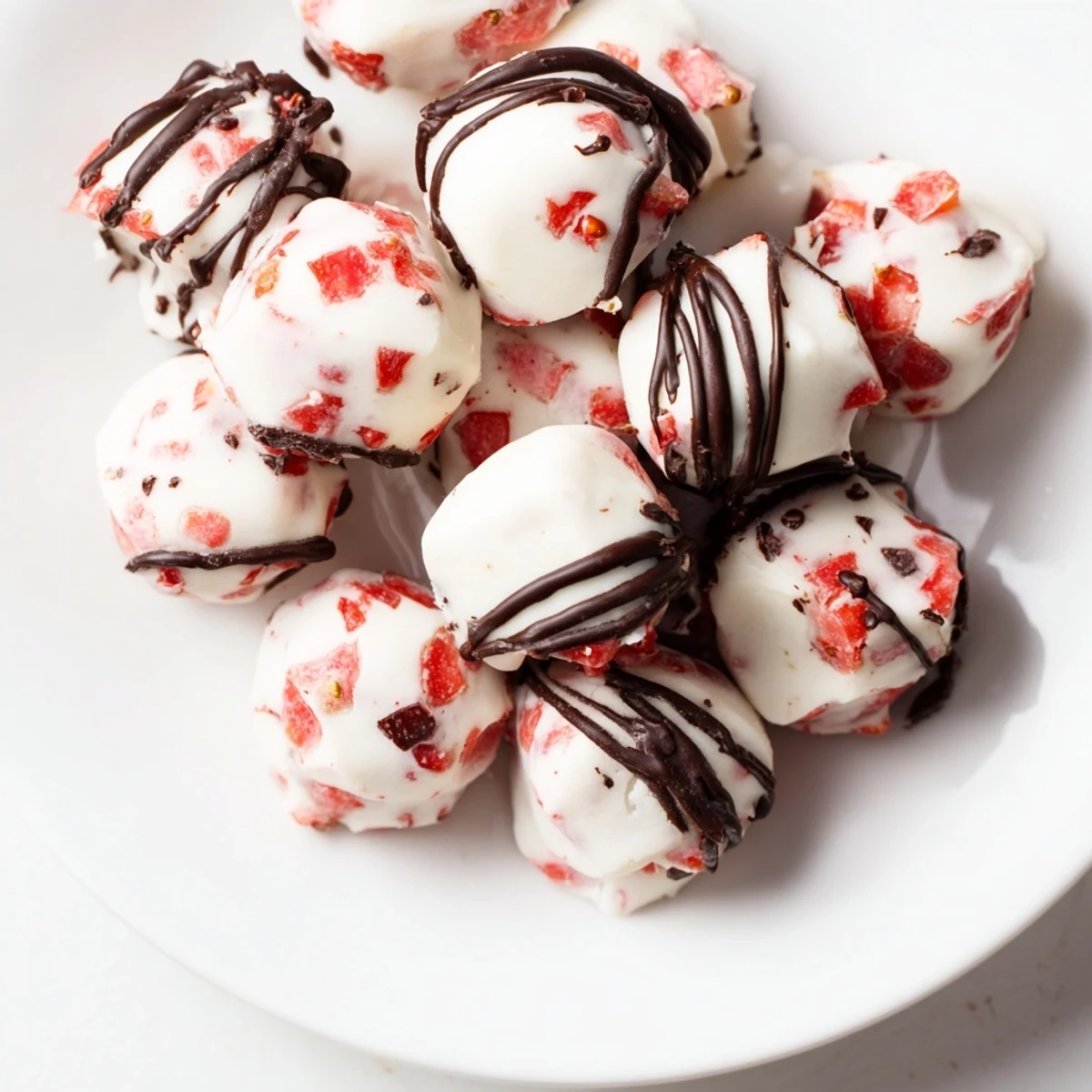 Creamy white strawberry yogurt bites topped with chocolate drizzle on white background