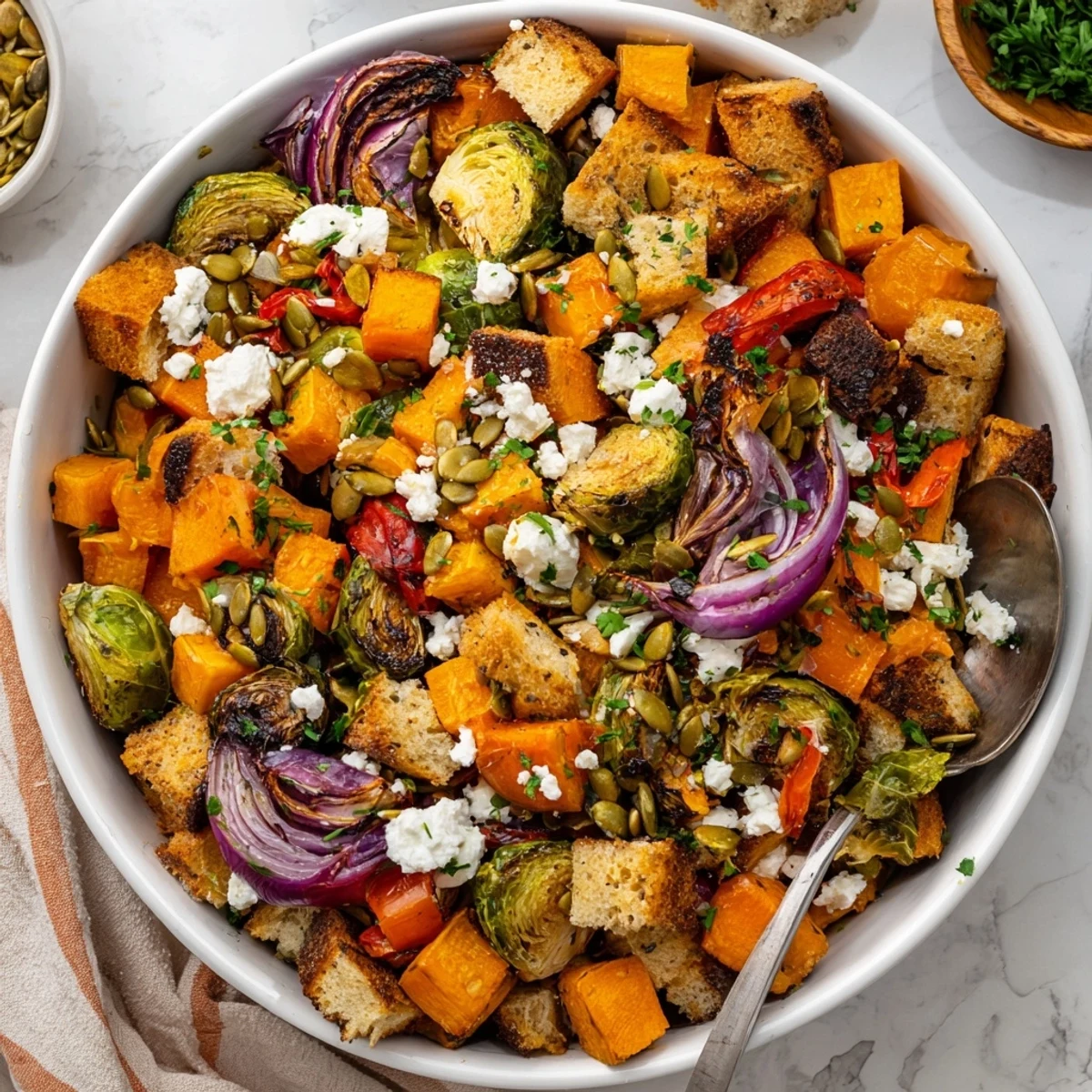 Colorful butternut squash and Brussels sprouts mixed with crusty bread in this vibrant Fall Roasted Vegetable Panzanella Salad