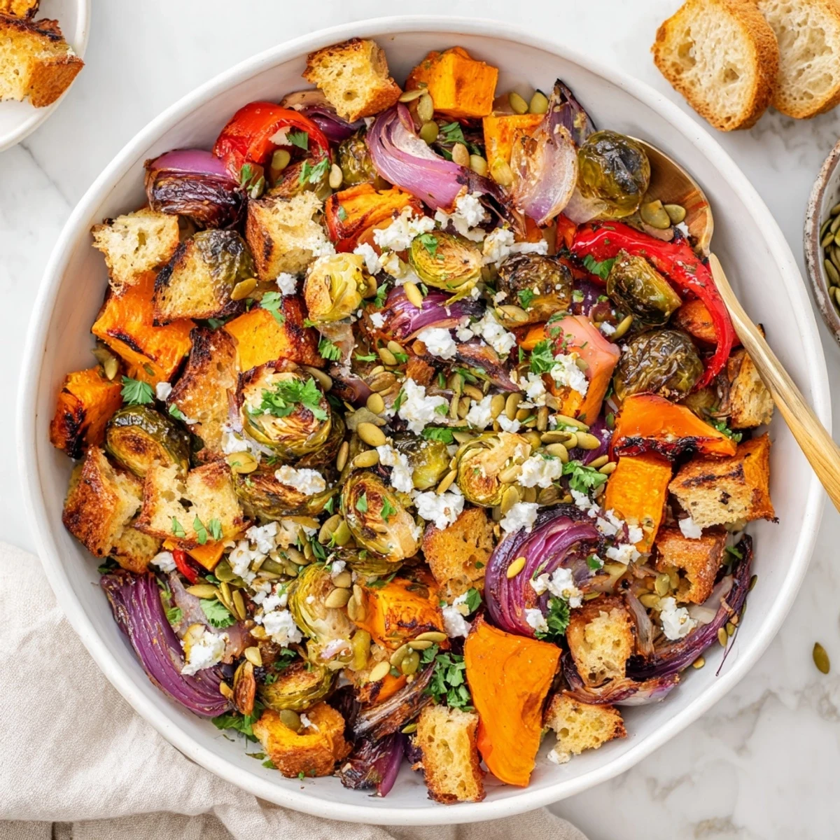 Golden roasted autumn vegetables tossed with crispy sourdough bread cubes in this hearty Fall Roasted Vegetable Panzanella Salad