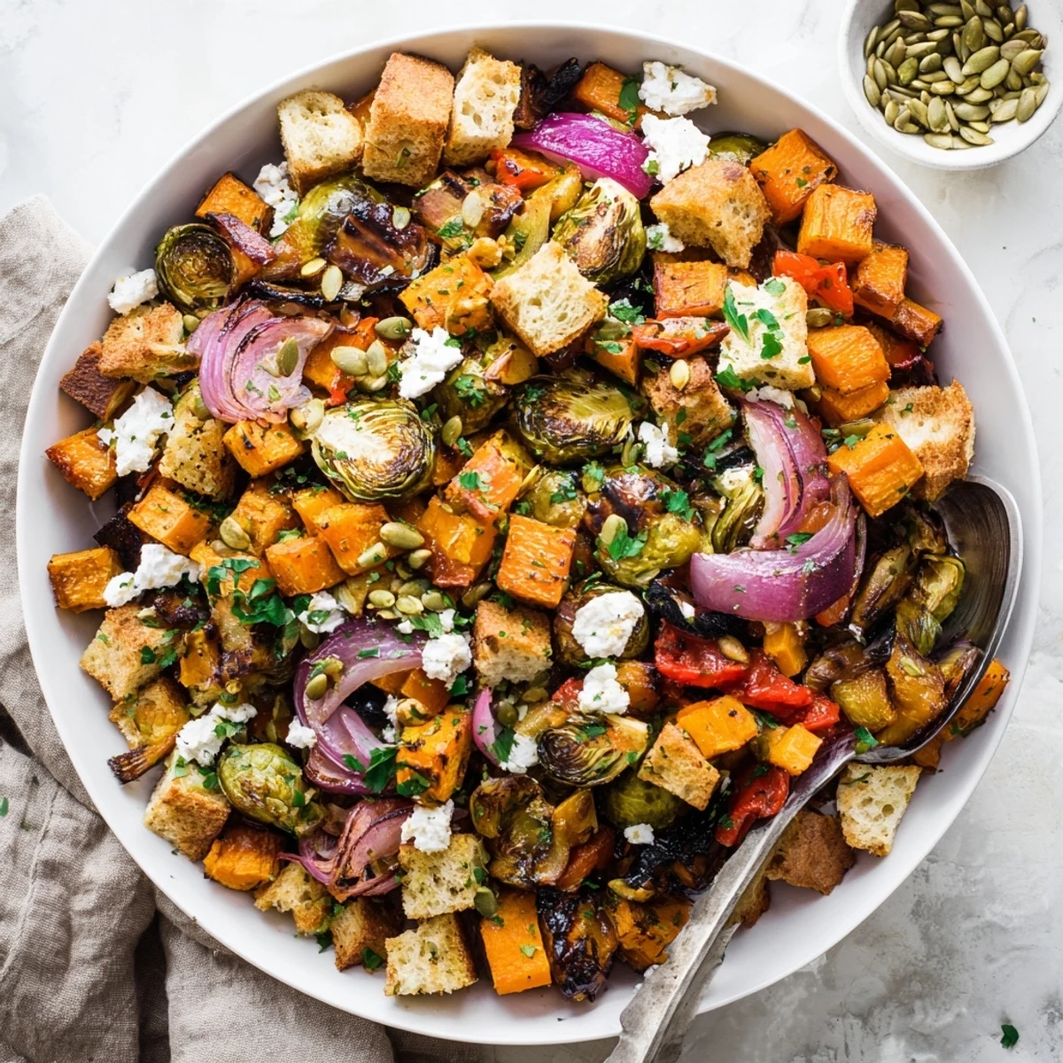 Warm roasted sweet potato and red onion combined with toasted ciabatta in this cozy Fall Roasted Vegetable Panzanella Salad