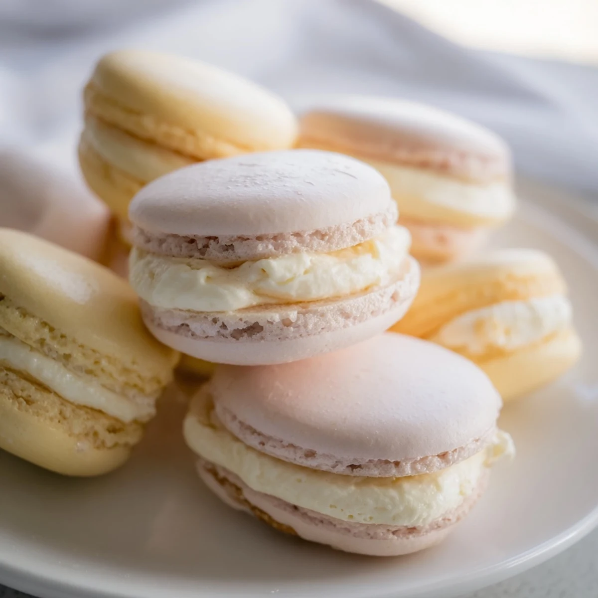 Close up of delicate French macarons showing crisp shells with luscious vanilla buttercream sandwiched inside