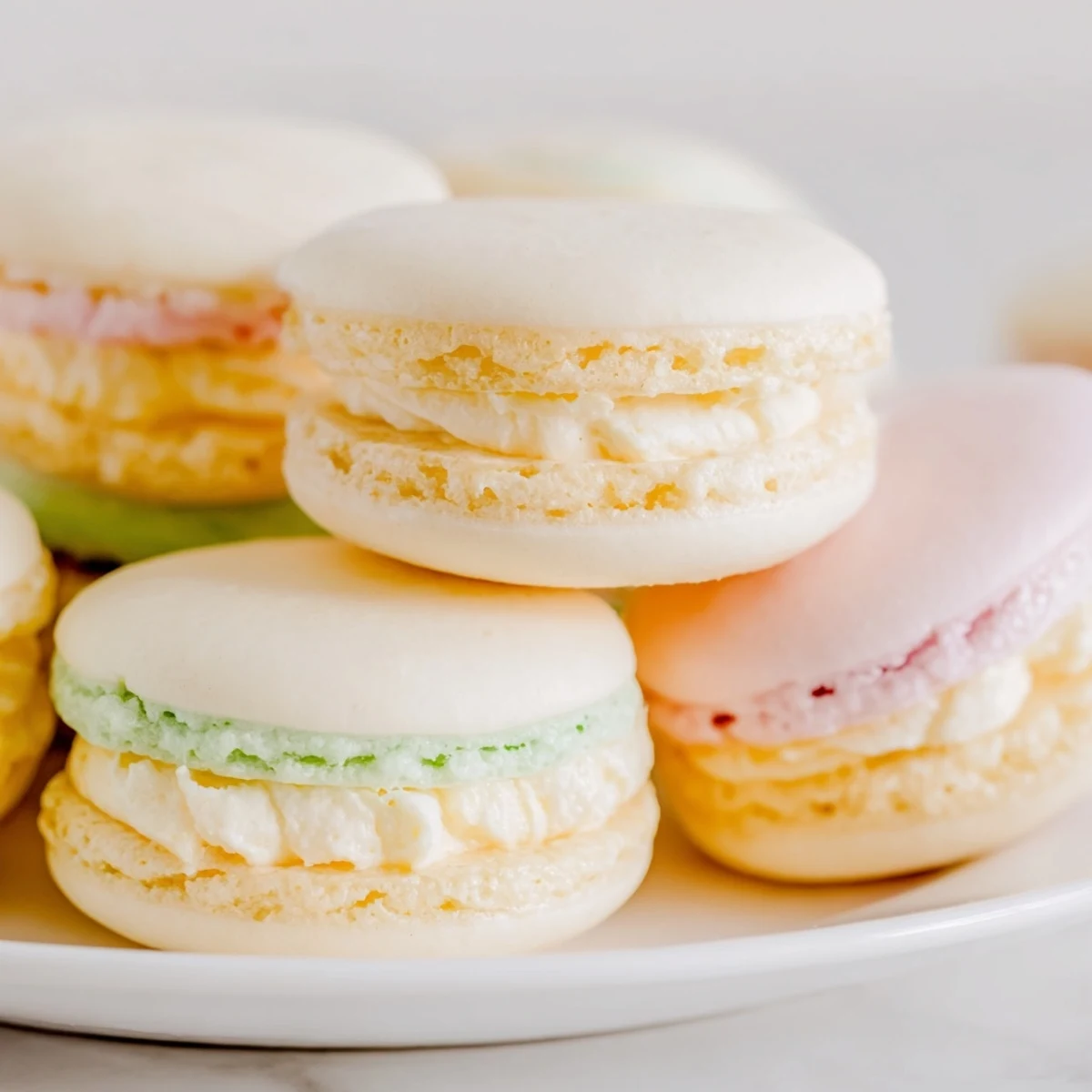 Colorful French macarons with smooth shells and creamy buttercream filling arranged on a white plate