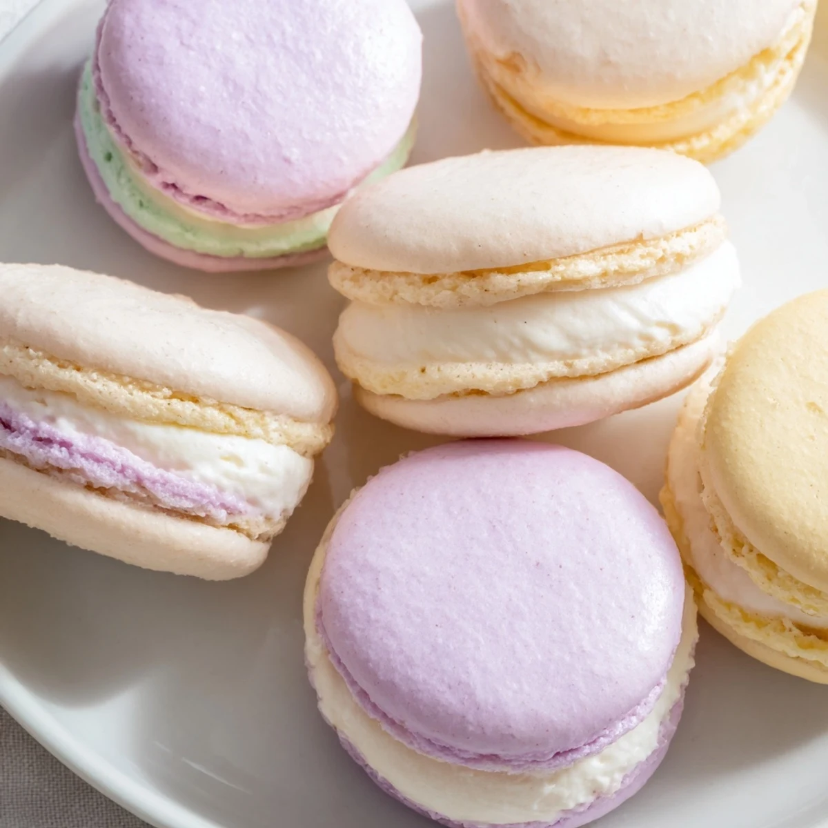 Pastel French macarons piped with buttercream filling resting on baking sheet before serving