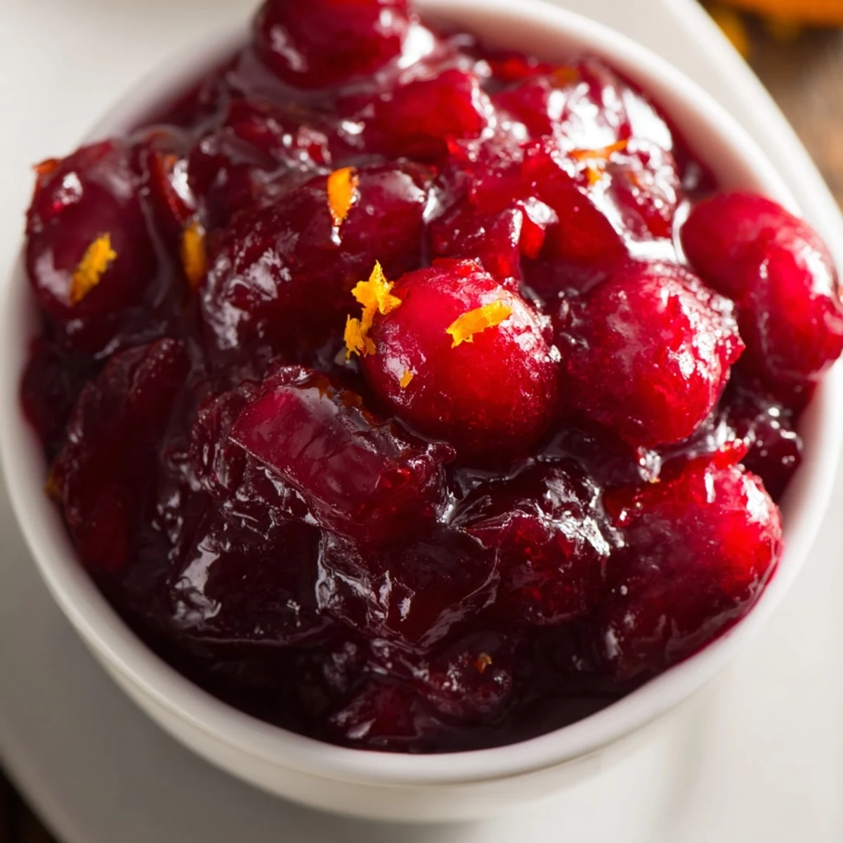 Ruby red homemade cranberry sauce with whole berries glistening in a white serving bowl