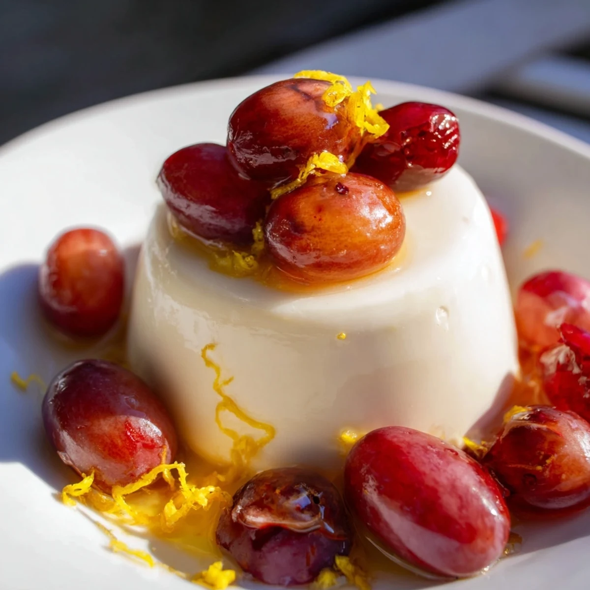 Creamy lemon panna cotta served with caramelized roasted grapes and fresh grape halves