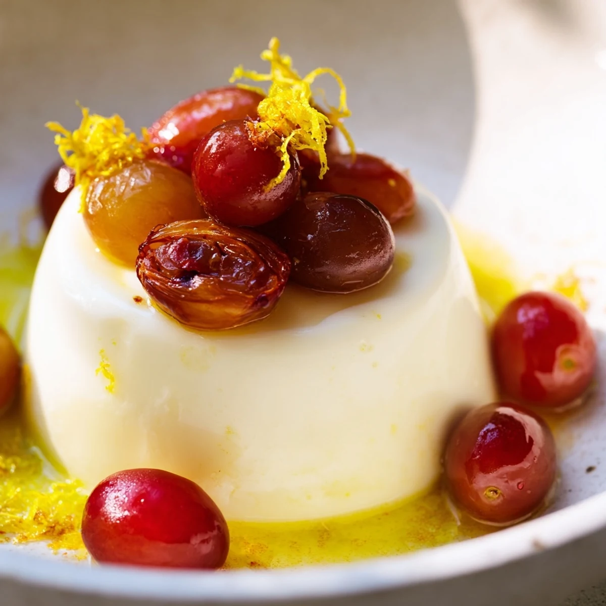 Silky lemon panna cotta dessert topped with roasted and fresh red grapes