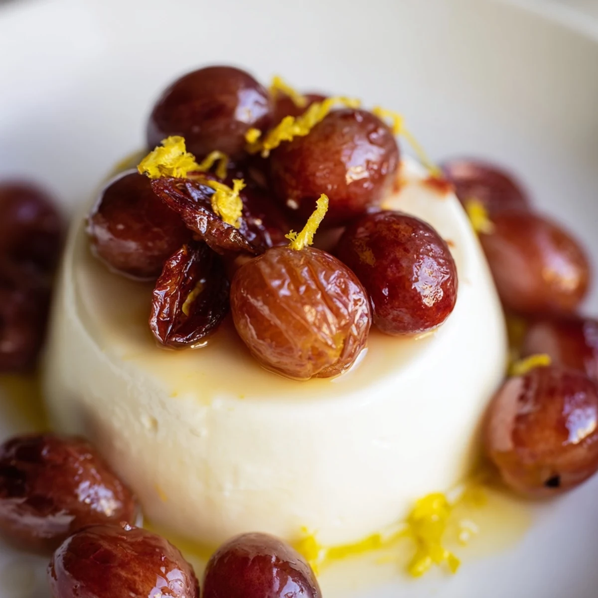 Golden Italian lemon panna cotta garnished with sweet roasted grapes and fresh grapes