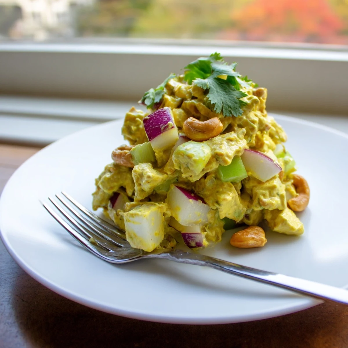 Golden curry chicken salad with crisp celery, sweet grapes, and toasted cashews in creamy dressing