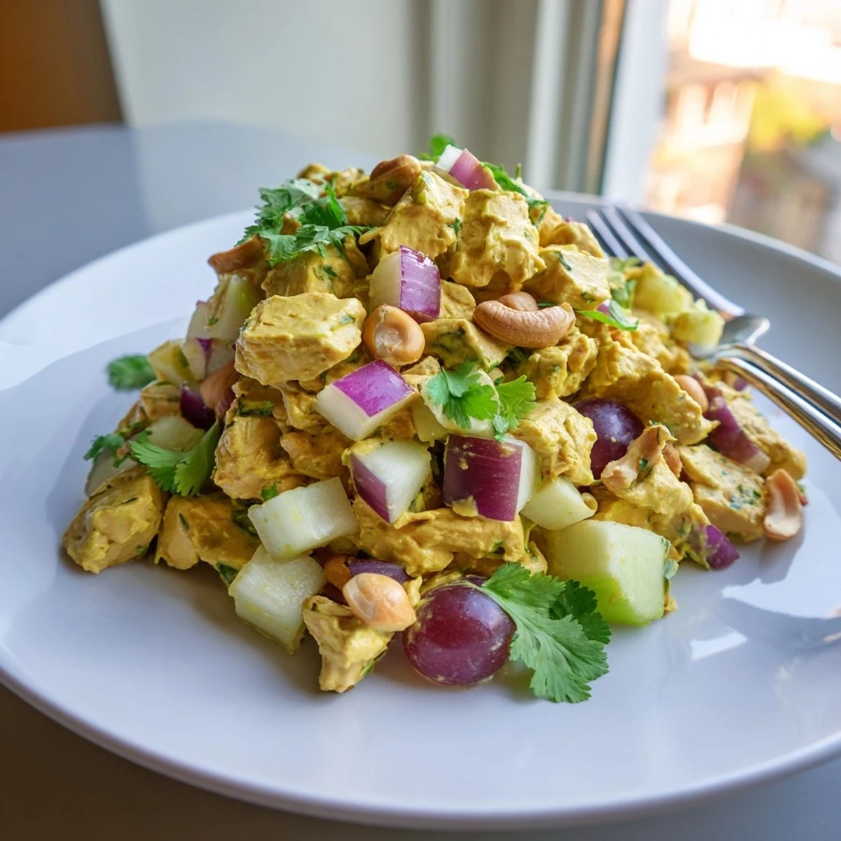 Vibrant chicken salad featuring tender meat, red grapes, apple chunks, and fragrant curry-spiced mayonnaise