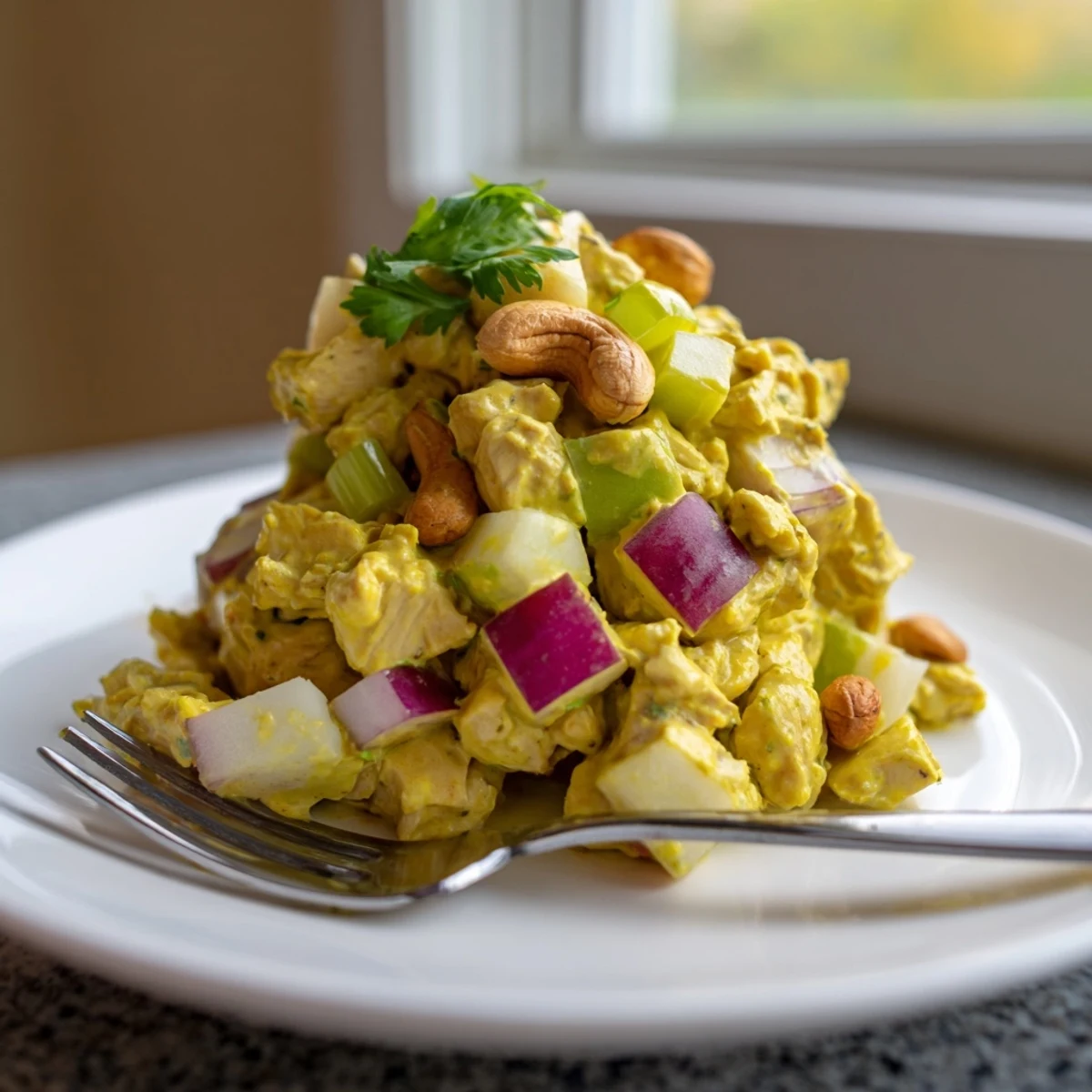 Creamy curry chicken salad plated with fresh cilantro, diced vegetables, and crunchy nut toppings