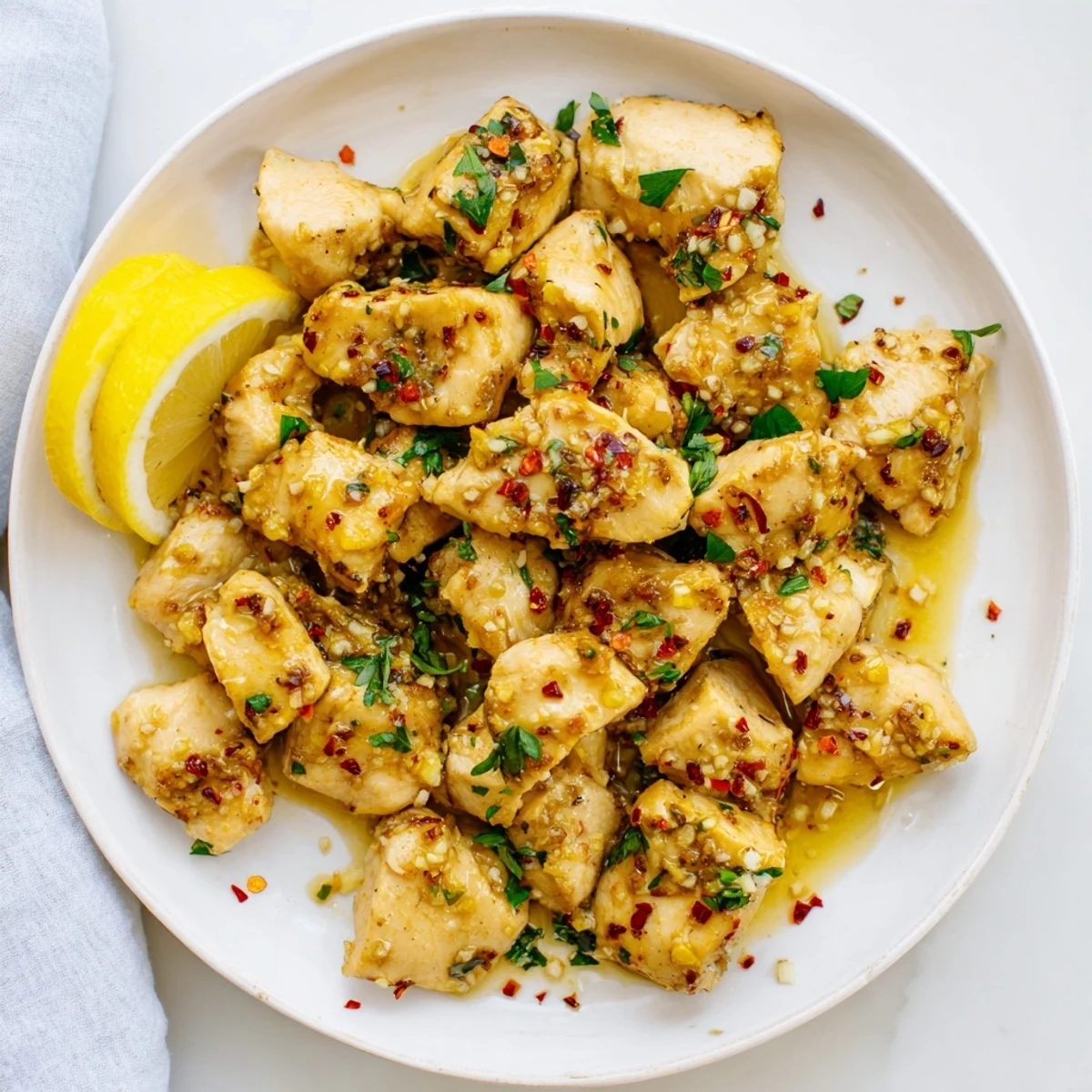 Tender juicy chicken pieces seared to perfection and coated in a savory garlic butter glaze
