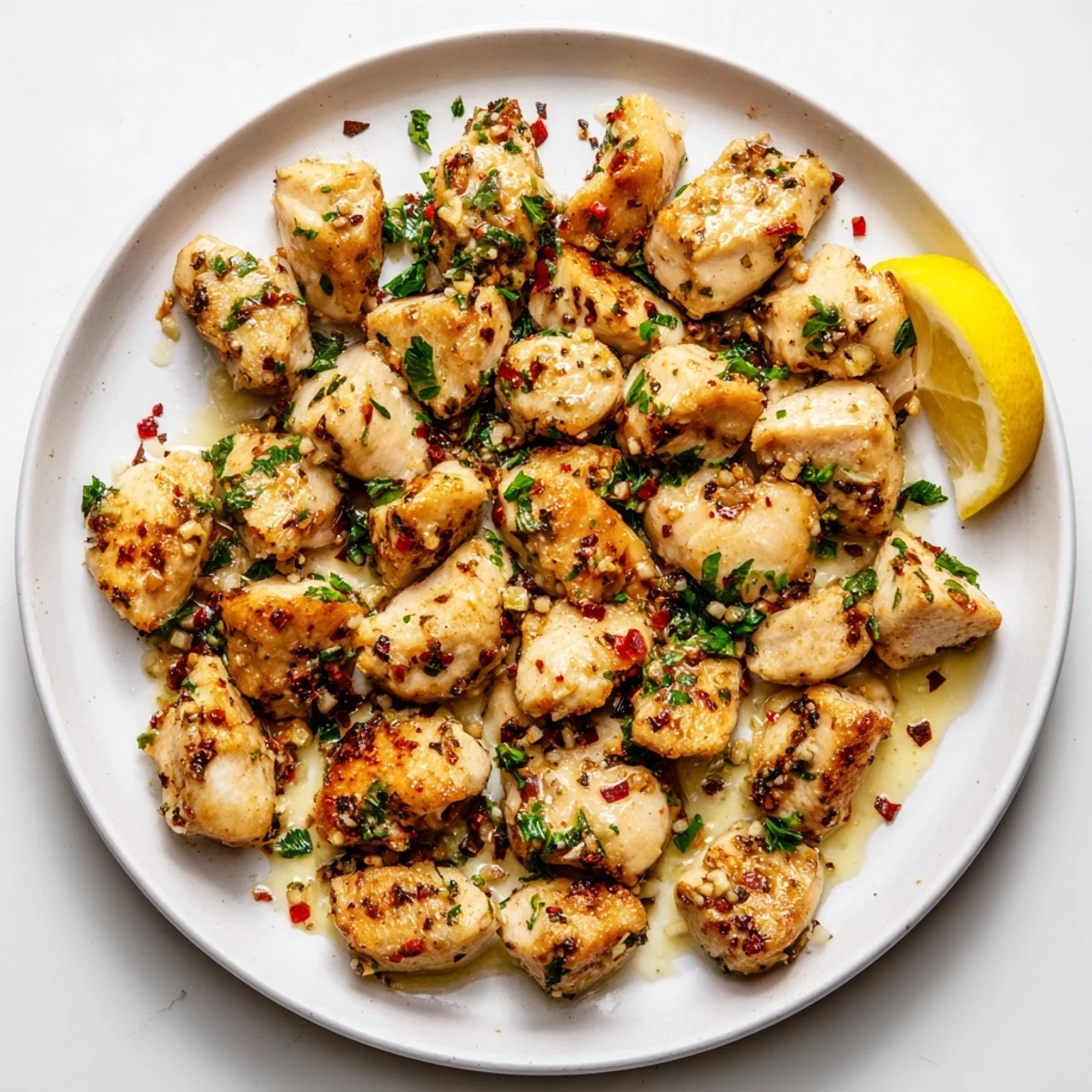 Golden brown garlic butter chicken bites served in a rich, glossy sauce with fresh parsley garnish