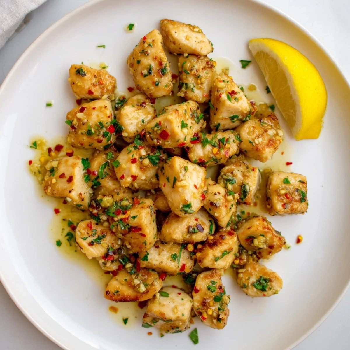 Delicious gluten-free garlic butter chicken bites plated with lemon wedges and chopped fresh herbs