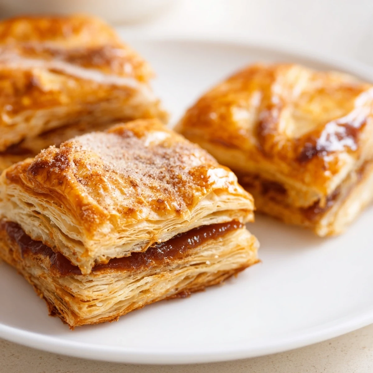 Golden brown dulce de leche pastries sprinkled with cinnamon sugar on a white plate