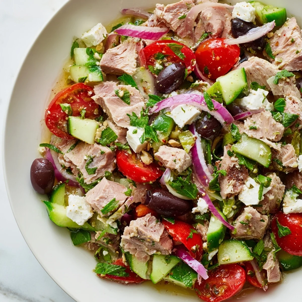 Colorful Mediterranean tuna salad bowl with fresh tomatoes, cucumber, olives, and lemon dressing