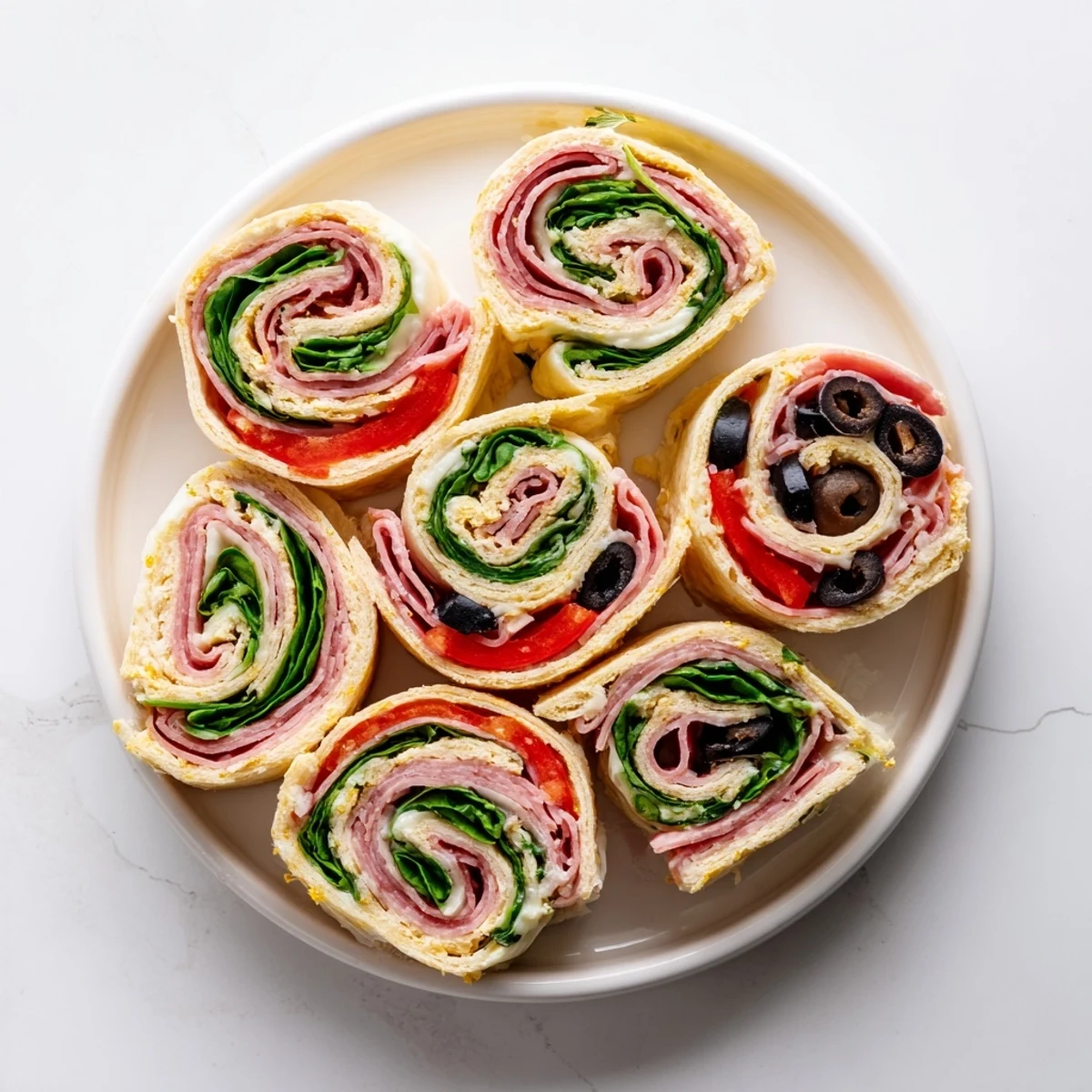 Fresh Italian pinwheel sandwiches filled with savory deli meats, melted provolone, and roasted red peppers on a white serving platter