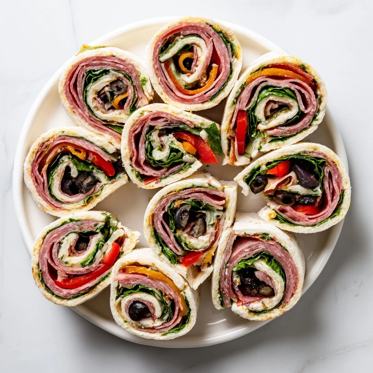 Spiral sliced Italian pinwheel sandwiches revealing colorful layers of spinach, pepperoni, and salami rolled inside soft flour tortillas
