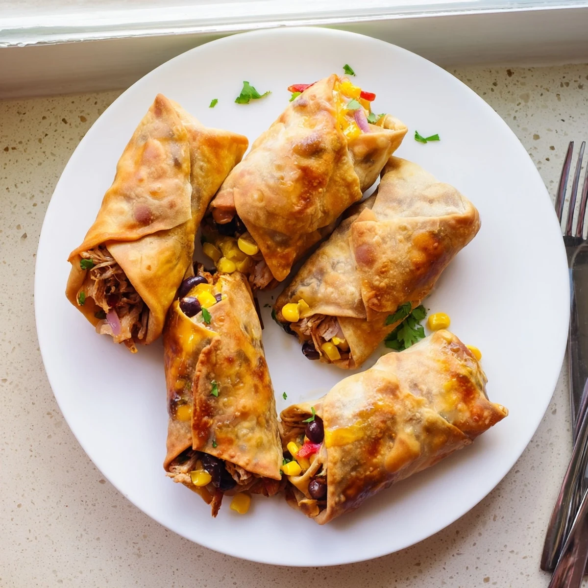 Golden brown Southwest egg rolls filled with seasoned chicken, black beans, and corn on a white serving plate