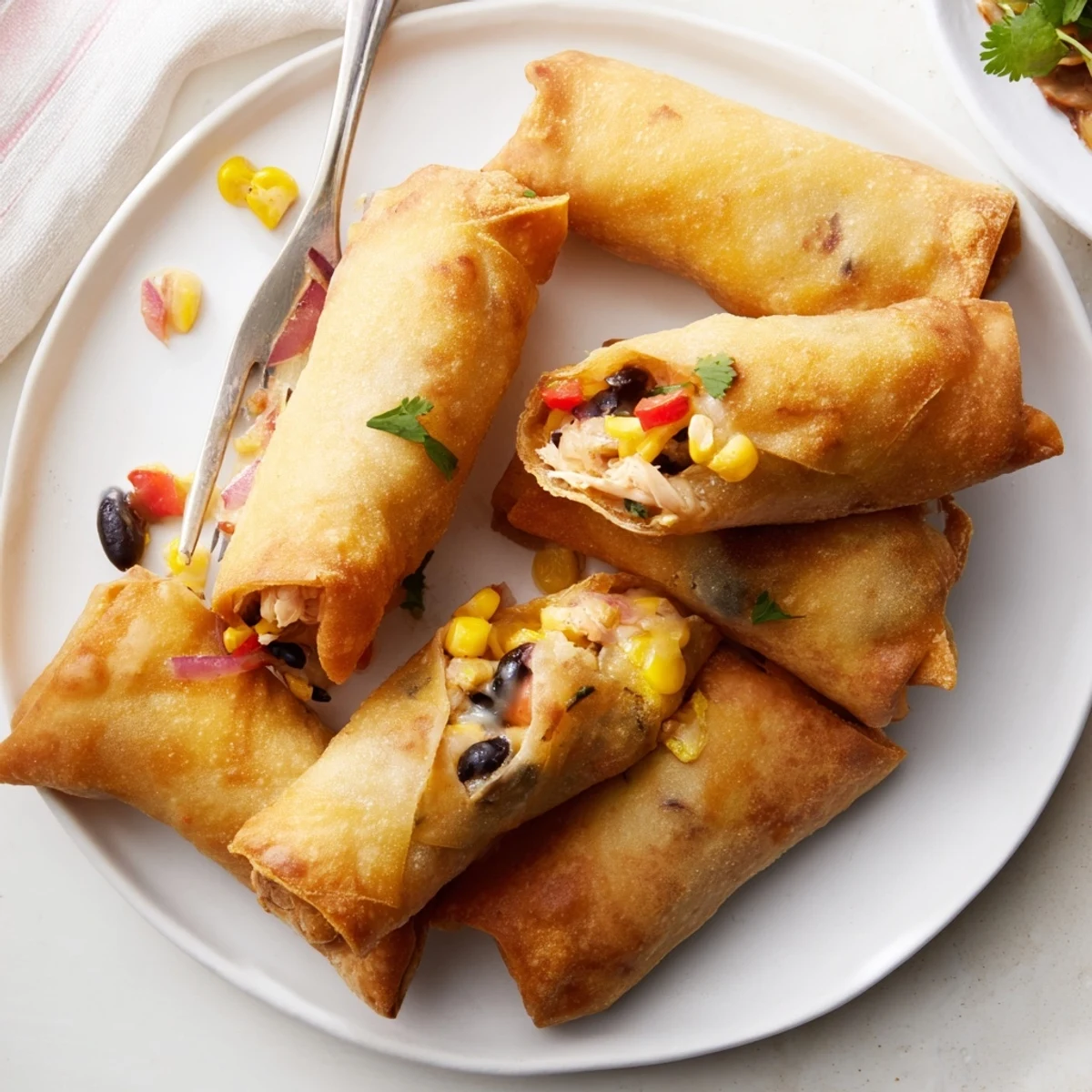 Plate of homemade Southwest egg rolls stuffed with Monterey Jack cheese, peppers, and tender chicken pieces