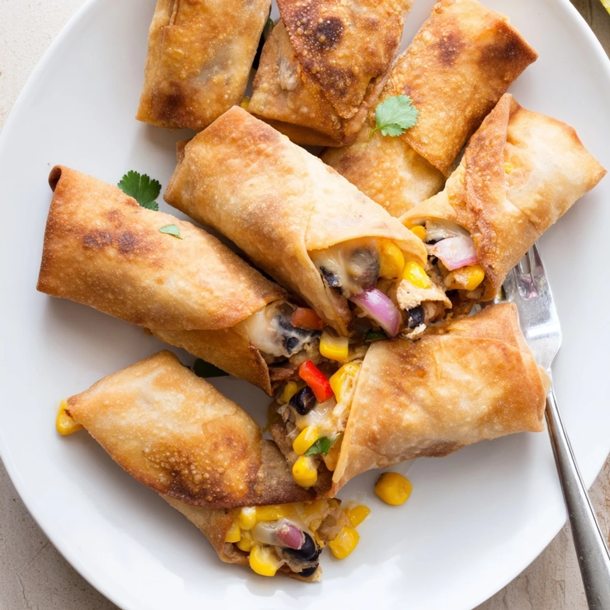Crispy fried Southwest egg rolls featuring spicy chicken and vegetable filling, garnished with fresh cilantro