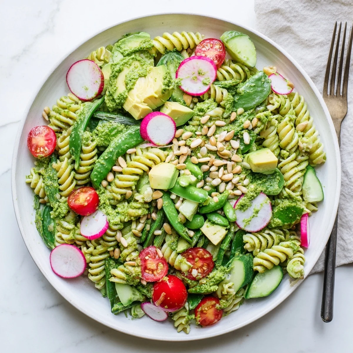 Vibrant summer Green Goddess Pasta Salad featuring crisp vegetables and fresh herbs tossed in tangy homemade dressing