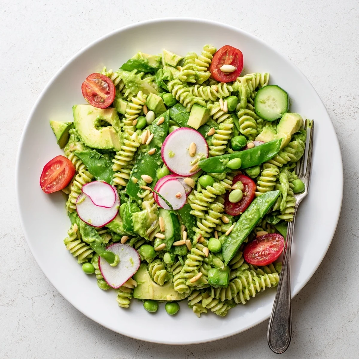 Colorful Green Goddess Pasta Salad with cherry tomatoes, cucumber, and creamy herb dressing in a white serving bowl