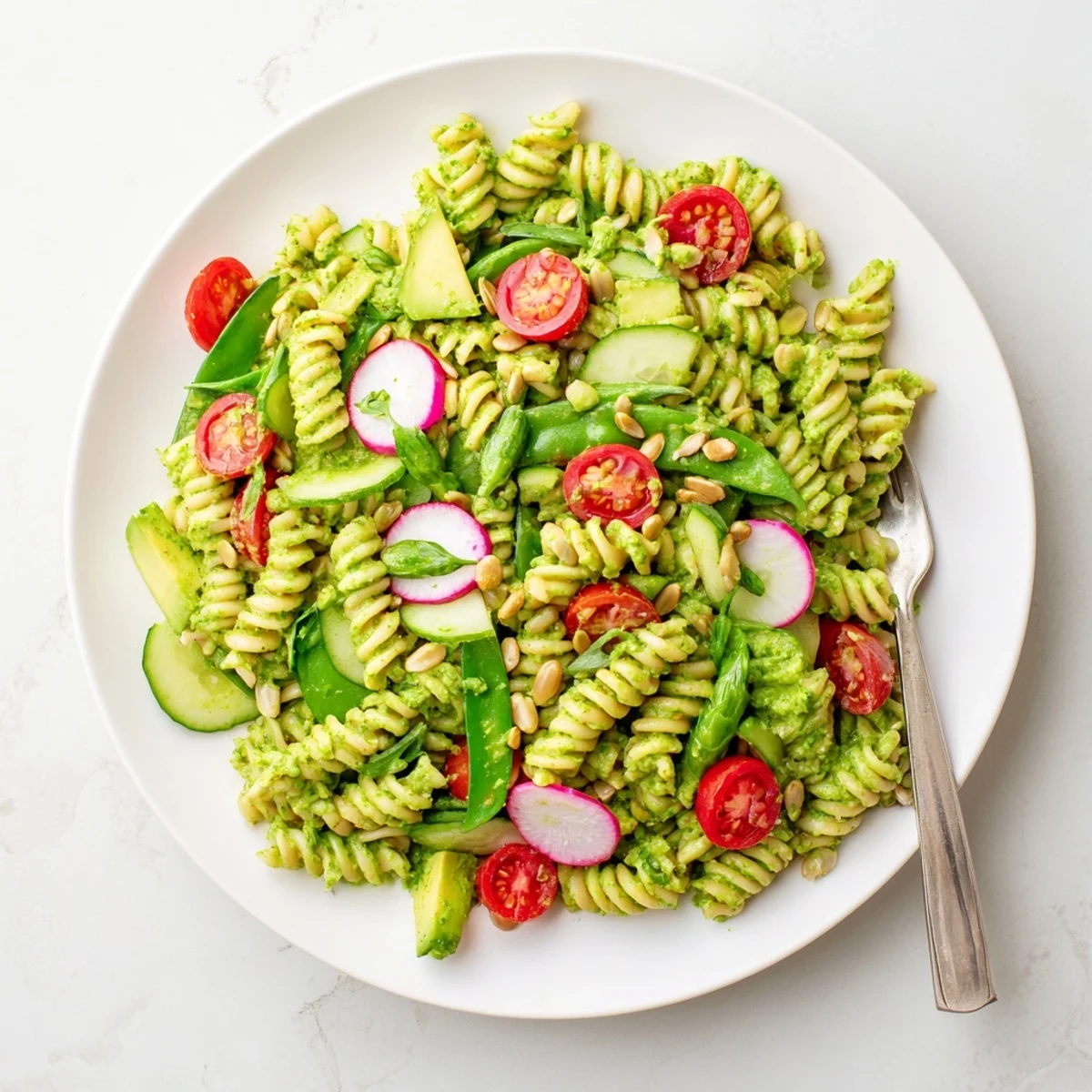 Creamy Green Goddess Pasta Salad plated with diced avocado, snap peas, and toasted seeds for a refreshing potluck dish