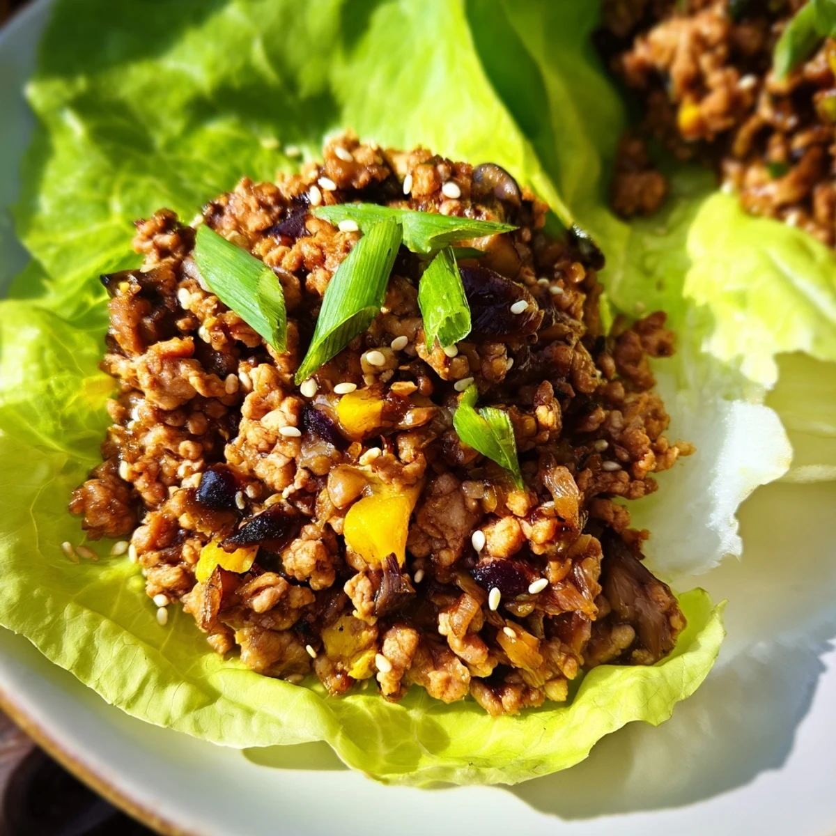 Golden brown chicken filling with water chestnuts nestled inside crisp butter lettuce cups