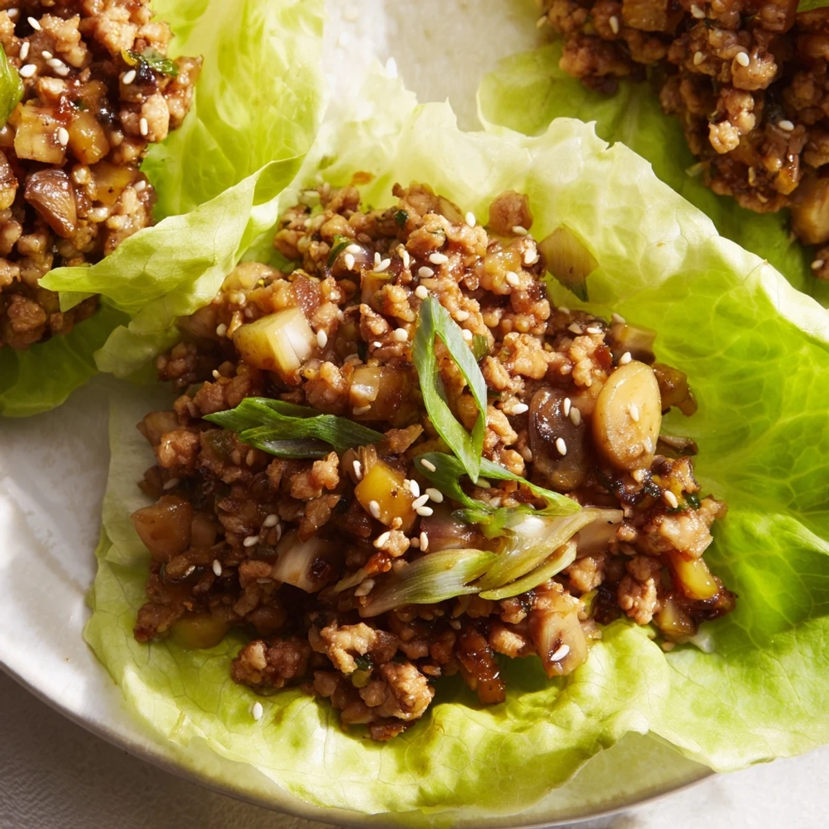 Savory ground chicken mixture with mushrooms piled into fresh green lettuce leaves for serving