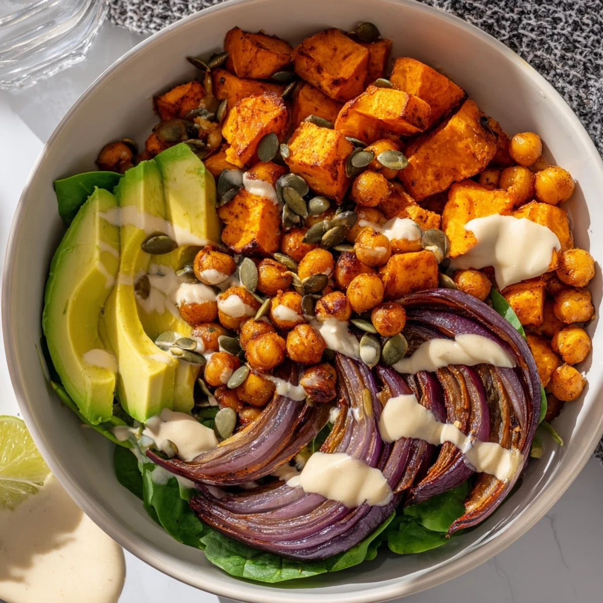 Vibrant roasted sweet potato and chickpea bowls topped with avocado slices and zesty tahini sauce