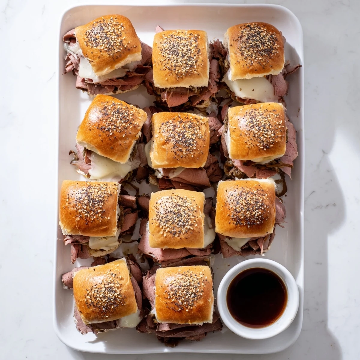 Mini French dip sliders on Hawaiian rolls arranged on a platter with rich beef au jus dipping sauce