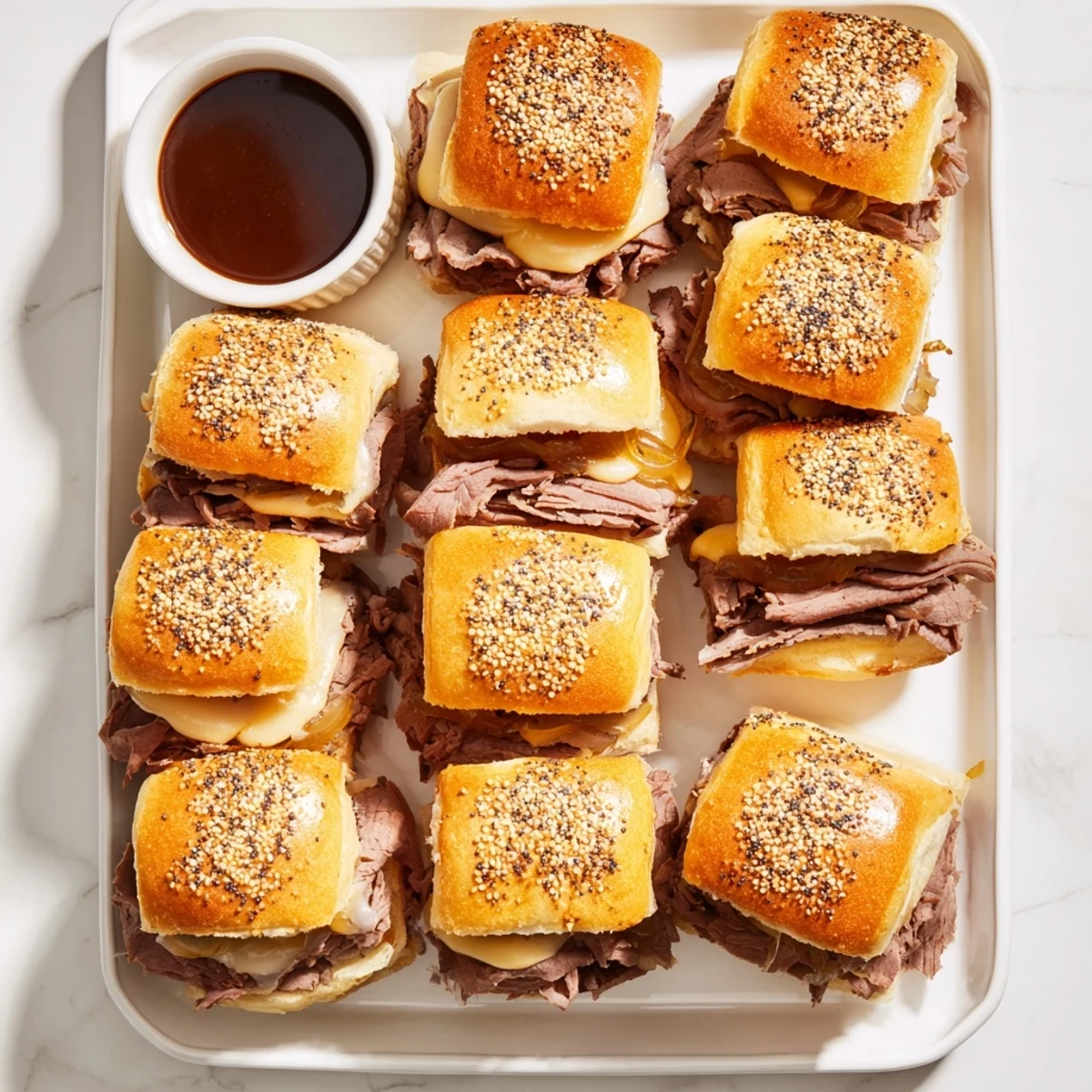 Baked French dip sliders brushed with buttery poppy seed topping served in individual ramekins alongside warm dipping broth