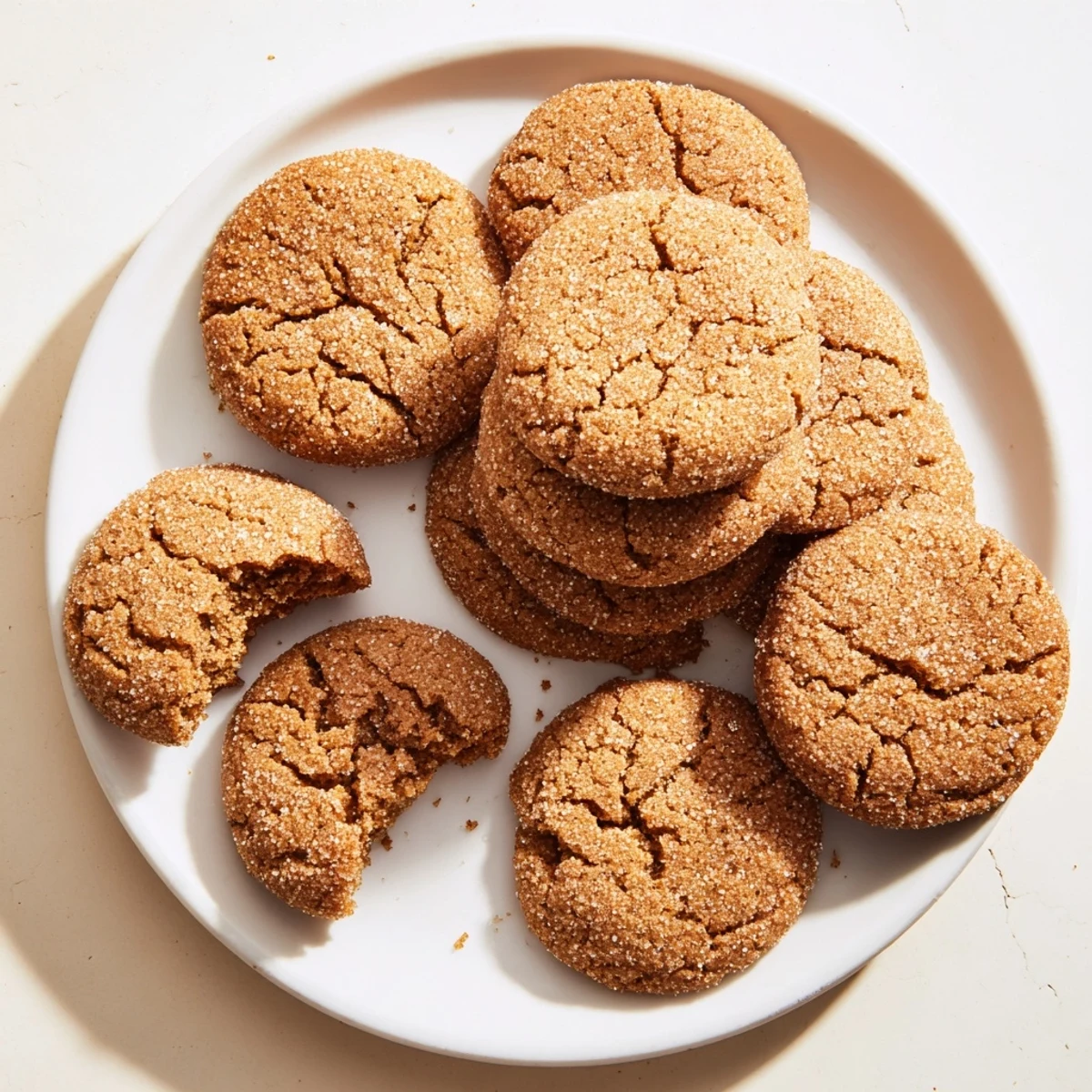 Golden gingersnap cookies with crackled tops cooling on a wire rack