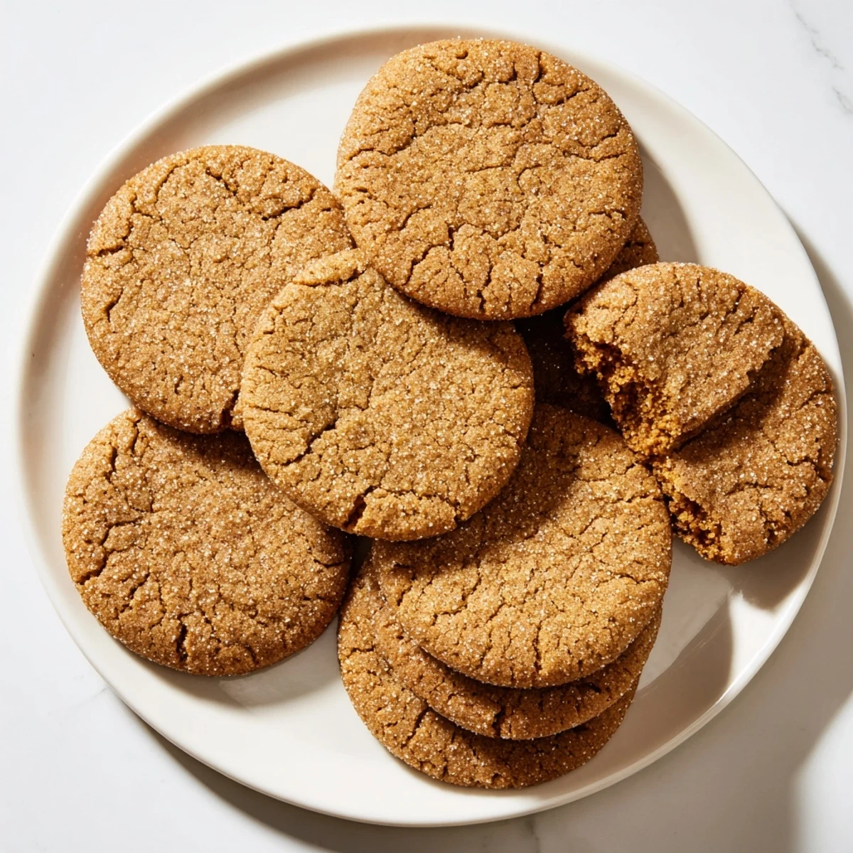 Crispy gingersnap cookies stacked high with warm spices and crackled texture