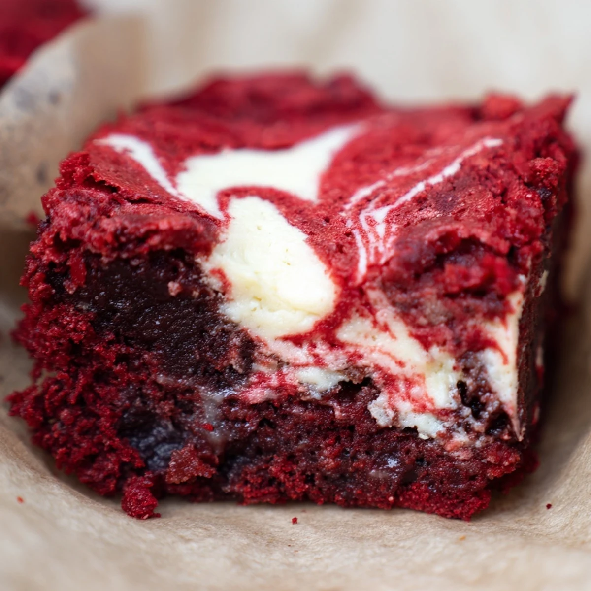 Fudgy red velvet brownie bites topped with creamy white swirls in a mini muffin tin