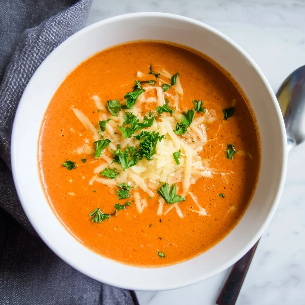 Creamy roasted red pepper Gouda soup with melted cheese topping and fresh parsley garnish in a white bowl