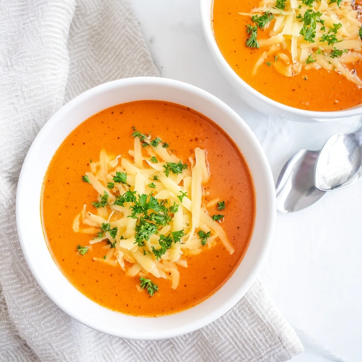 Velvety smooth roasted red pepper Gouda soup served with crusty bread and extra shredded smoked cheese on top
