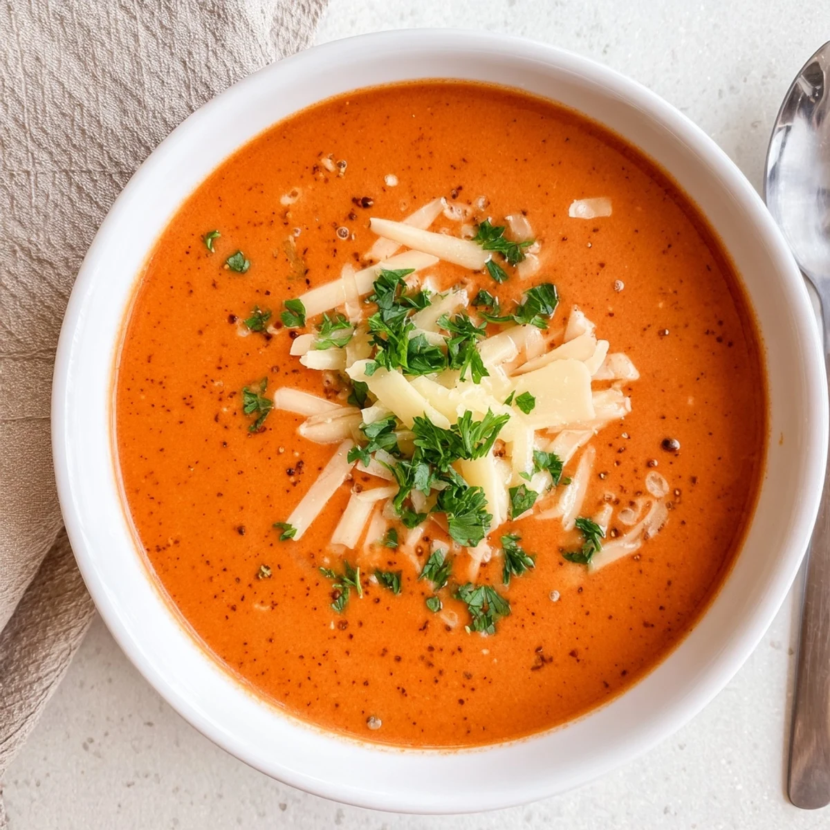 Rich orange roasted red pepper Gouda soup ladled into bowls with parsley and melted Gouda cheese swirls