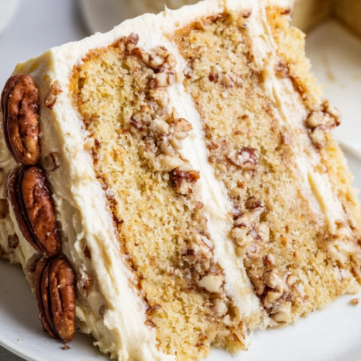 Moist butter pecan cake layers stacked with creamy frosting and topped with toasted pecans