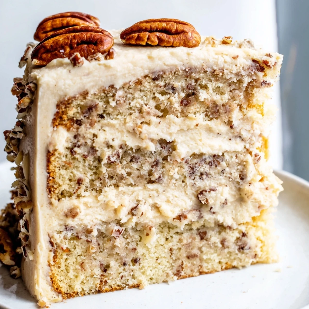 Decadent three-layer butter pecan cake with buttercream frosting and golden pecan garnish