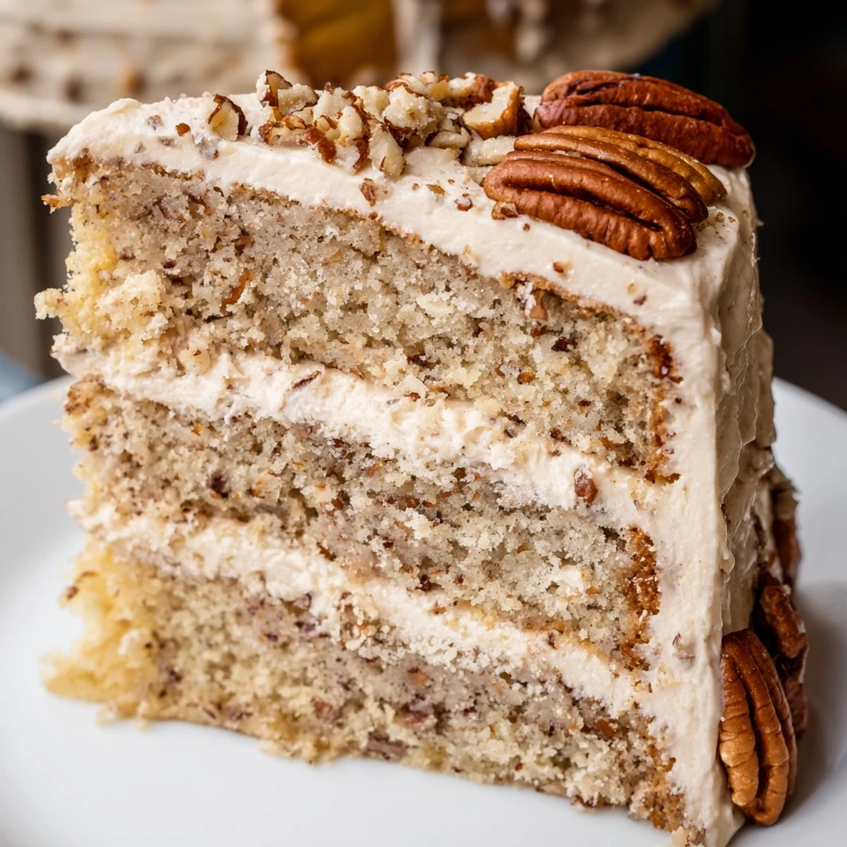Slice of butter pecan cake revealing tender crumb with crunchy pecans throughout