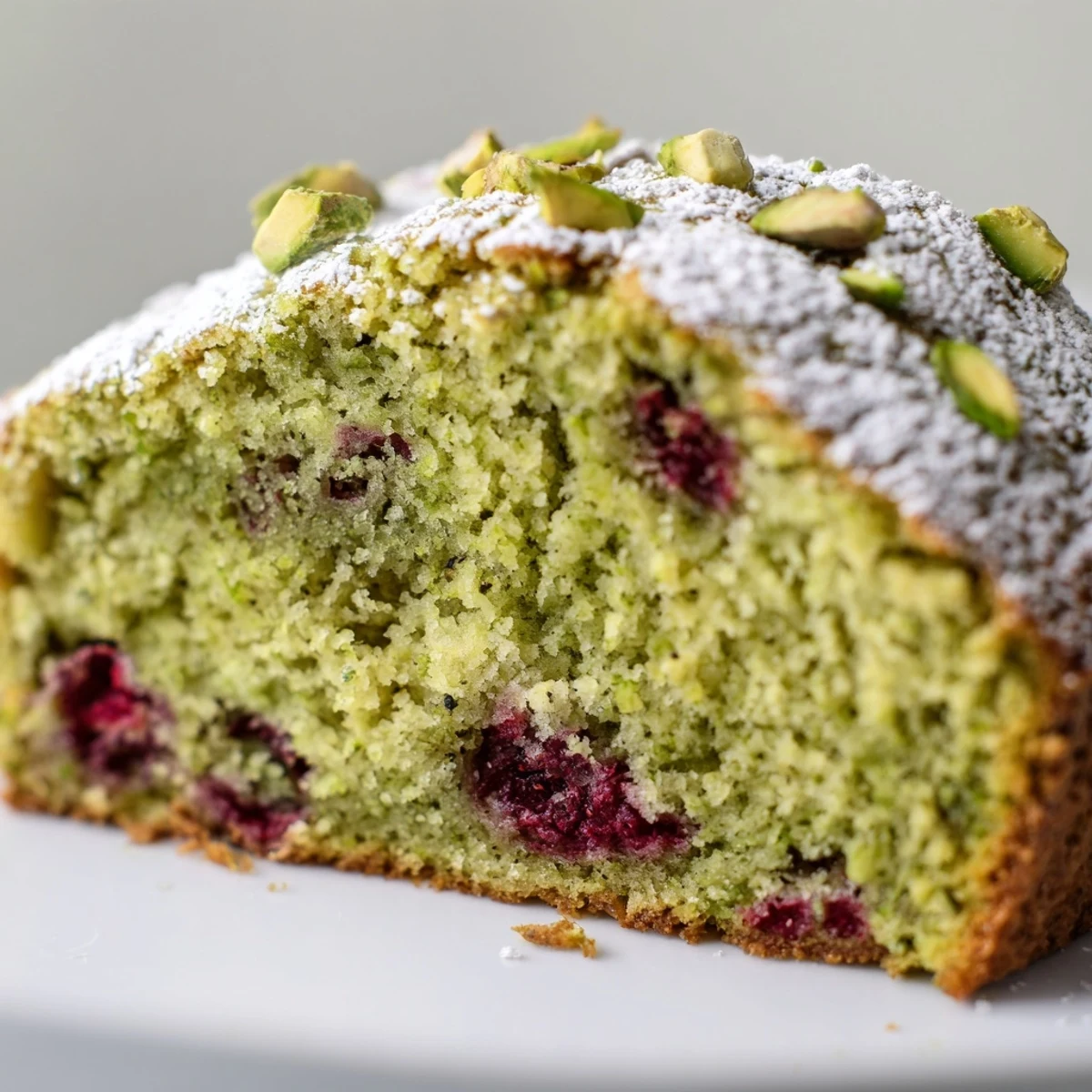 Golden pistachio raspberry cake slice topped with fresh berries and powdered sugar dusting