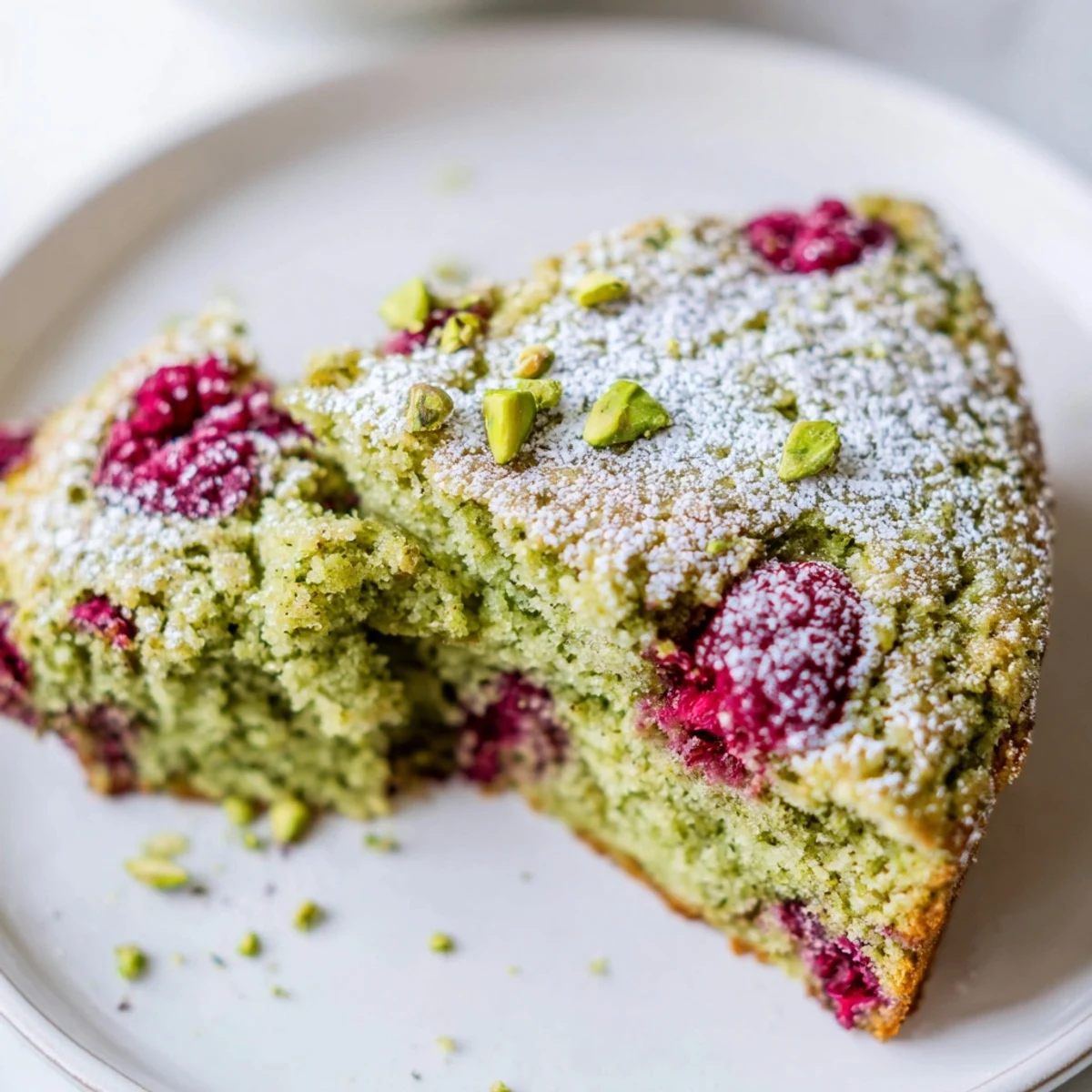 Homemade pistachio raspberry cake sprinkled with chopped nuts and dusted with confectioners sugar
