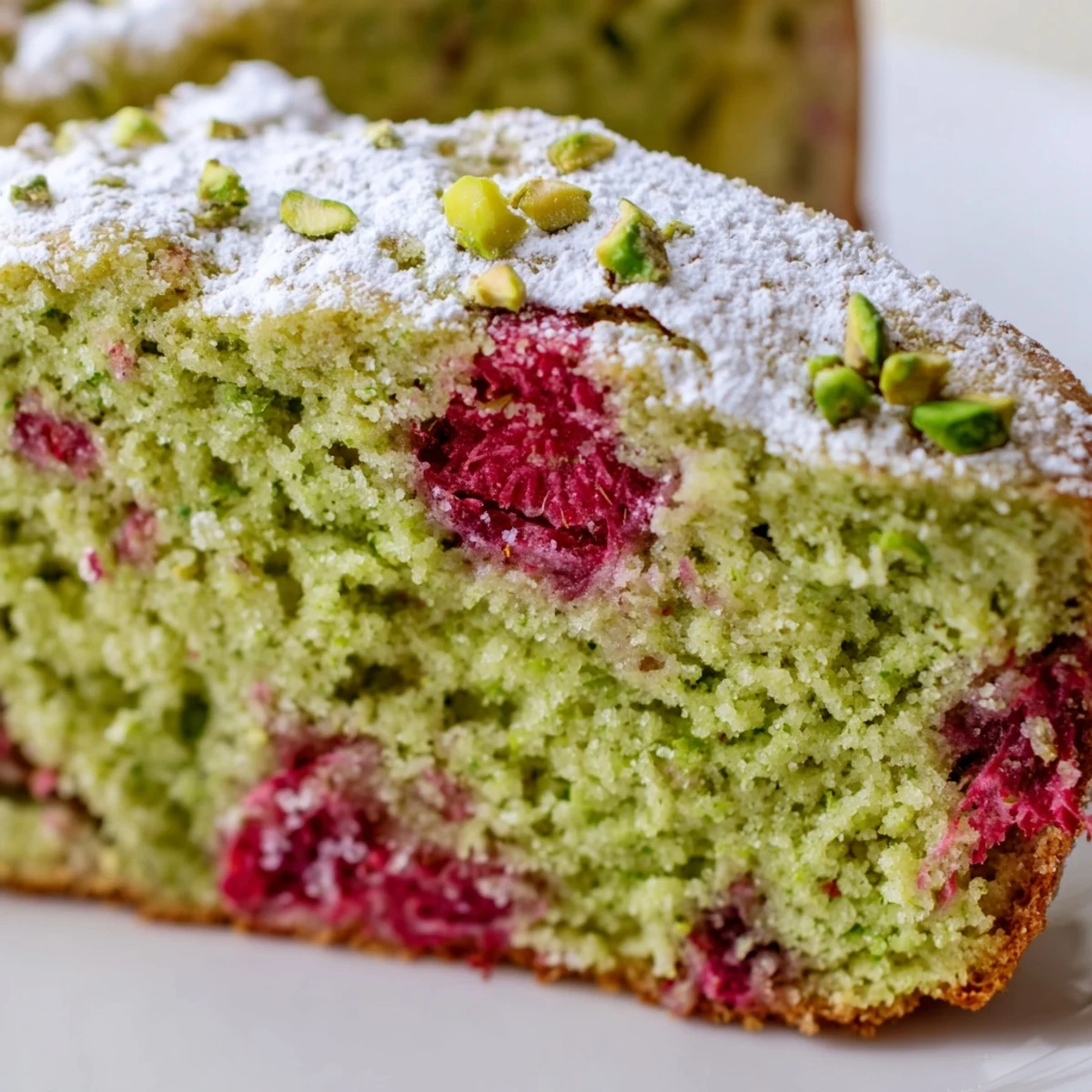 Moist green pistachio cake layered with tart red raspberries on a white serving plate