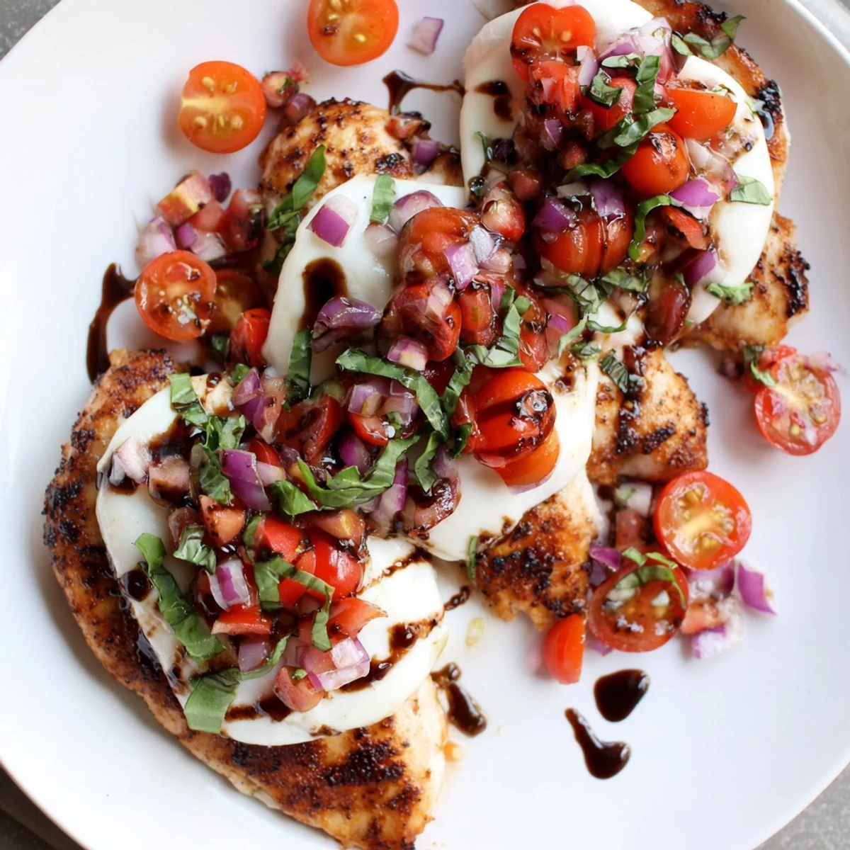 Golden pan-seared chicken breast crowned with melted mozzarella and vibrant tomato basil bruschetta topping