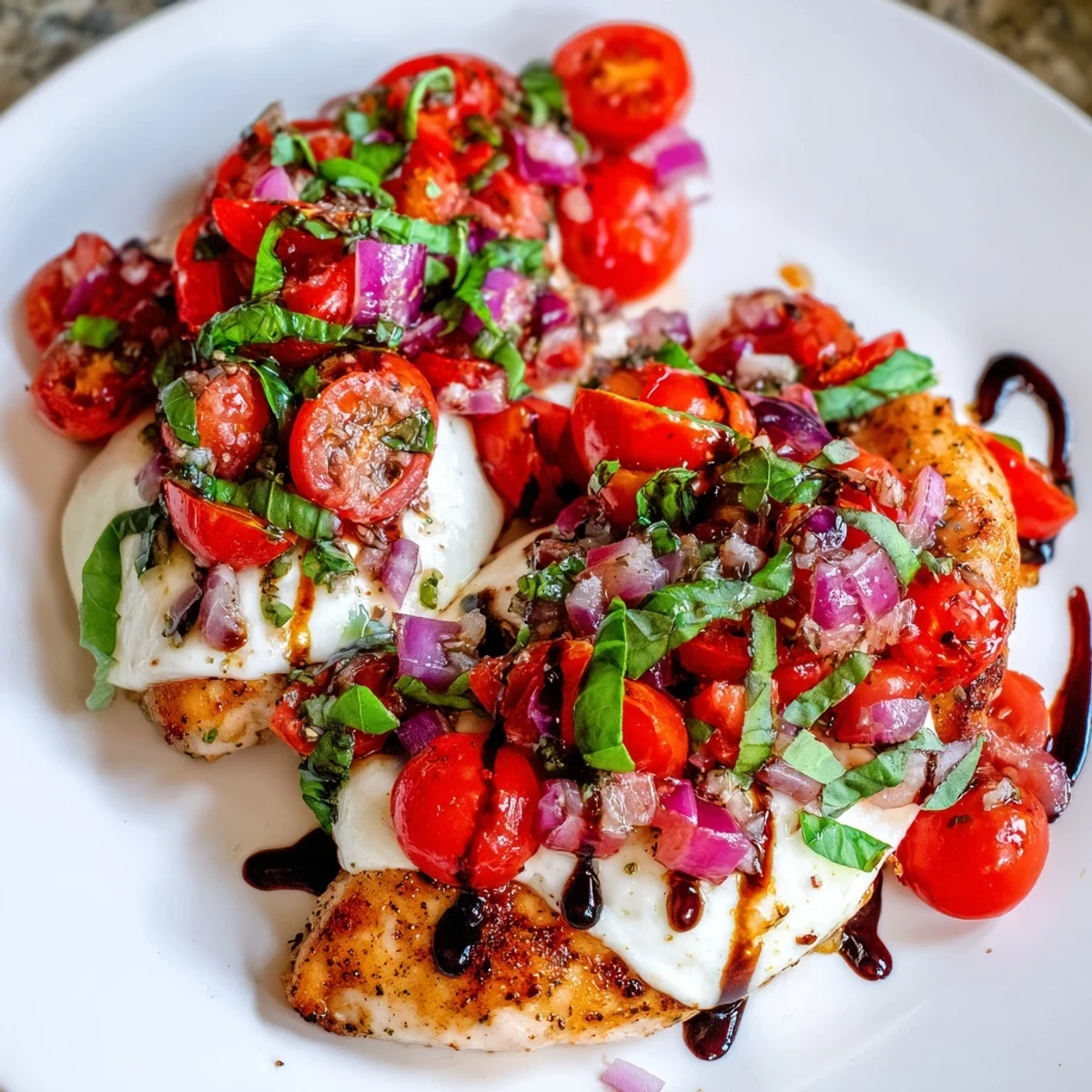 Savory Mozzarella Bruschetta Chicken baked to perfection with bubbly cheese and fresh diced cherry tomatoes